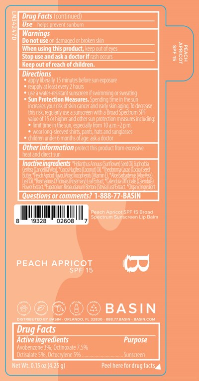 84603-120-01LM34247D PL120S Basin Vegan Peach Apricot SPF 15 Broad Spectrum Sunscreen 2025-1-27 OL.jpg Basin Peach Apricot SPF 15 Broad Spectrum Sunscreen Lip Balm 0.15 oz Label - 84603 120 01LM34247D PL120S Basin Vegan Peach Apricot SPF 15 Broad Spectrum Sunscreen 2025 1 27 OL